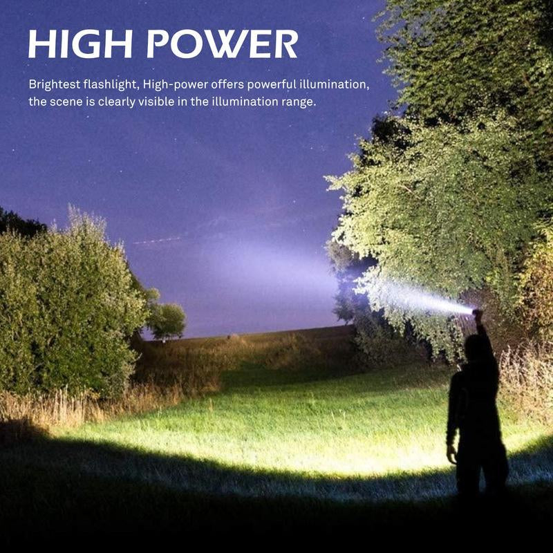 2-In-1 Strong Flashlight (Power Bank)，Digital Display of Power, Rechargeable，Zoomable, , X4Waterproof, Adjustable Brightness Flash Light for Outdoor, Emergency, Camping Accessories，Black