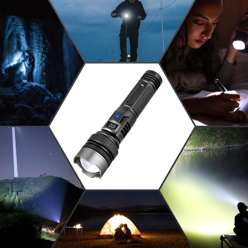 2-In-1 Strong Flashlight (Power Bank)，Digital Display of Power, Rechargeable，Zoomable, , X4Waterproof, Adjustable Brightness Flash Light for Outdoor, Emergency, Camping Accessories，Black