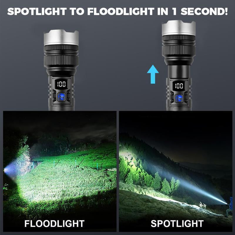 2-In-1 Strong Flashlight (Power Bank)，Digital Display of Power, Rechargeable，Zoomable, , X4Waterproof, Adjustable Brightness Flash Light for Outdoor, Emergency, Camping Accessories，Black