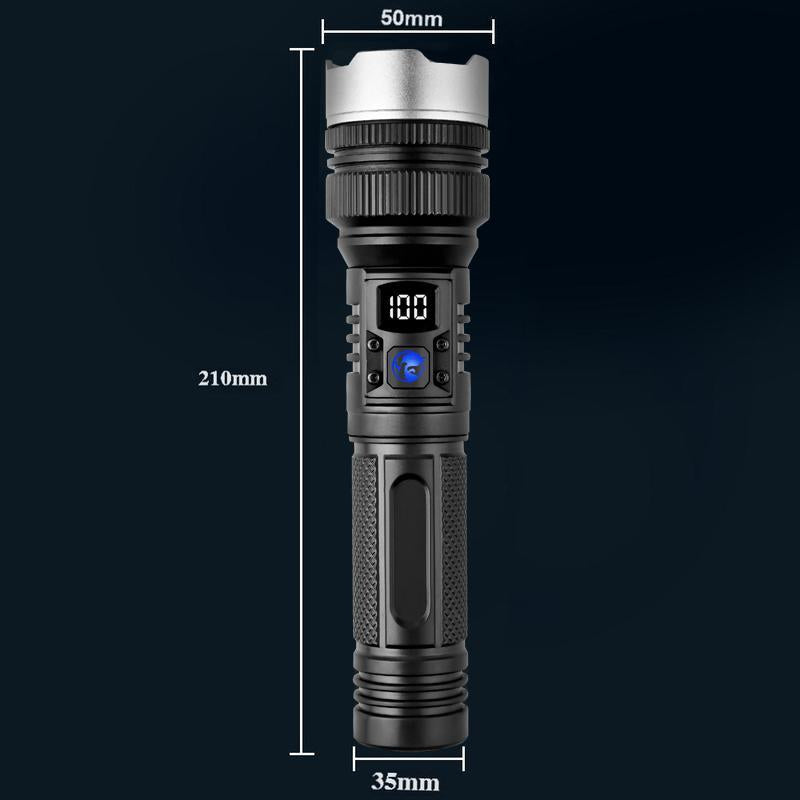 2-In-1 Strong Flashlight (Power Bank)，Digital Display of Power, Rechargeable，Zoomable, , X4Waterproof, Adjustable Brightness Flash Light for Outdoor, Emergency, Camping Accessories，Black