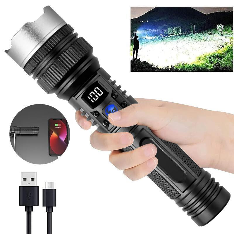 2-In-1 Strong Flashlight (Power Bank)，Digital Display of Power, Rechargeable，Zoomable, , X4Waterproof, Adjustable Brightness Flash Light for Outdoor, Emergency, Camping Accessories，Black