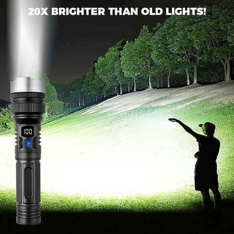 2-In-1 Strong Flashlight (Power Bank)，Digital Display of Power, Rechargeable，Zoomable, , X4Waterproof, Adjustable Brightness Flash Light for Outdoor, Emergency, Camping Accessories，Black